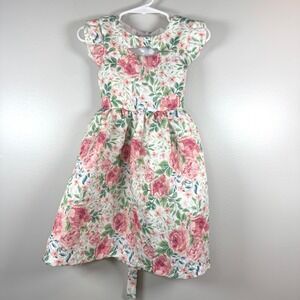 Bonnie Jean Floral Jacquard Bow Girls Dress 4T Pink Green Rose Easter Holiday